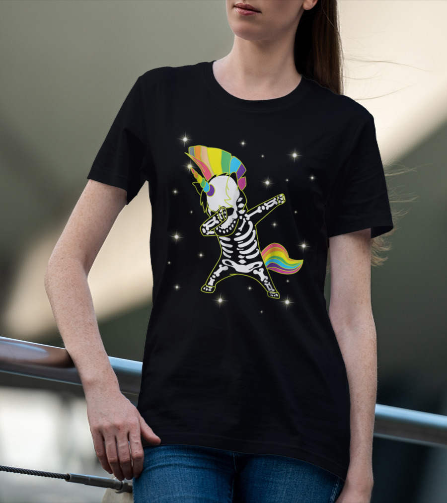 Dabbing Unicorn Skeleton Dad Hip Hop Xray Rainbow Mane Tail Starry Background T-Shirt