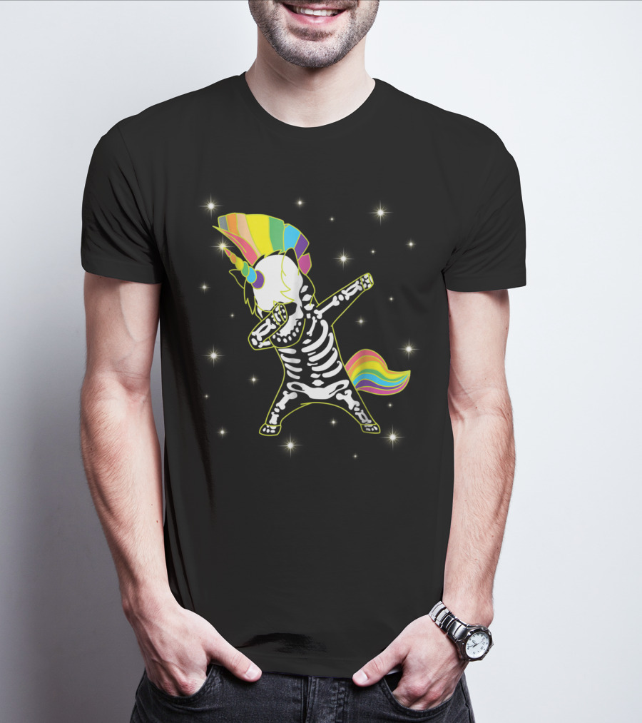 Dabbing Unicorn Skeleton Dad Hip Hop Xray Rainbow Mane Tail Starry Background T-Shirt