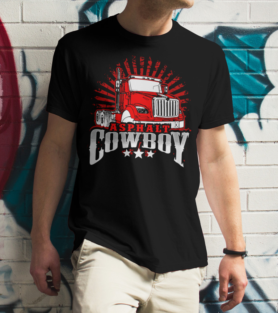 Asphalt Cowboy Red Truck Driver Dad Humor T-Shirt