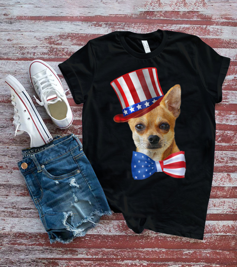 Chihuahua Uncle Sam Hat And Bowtie American Flag T-Shirt