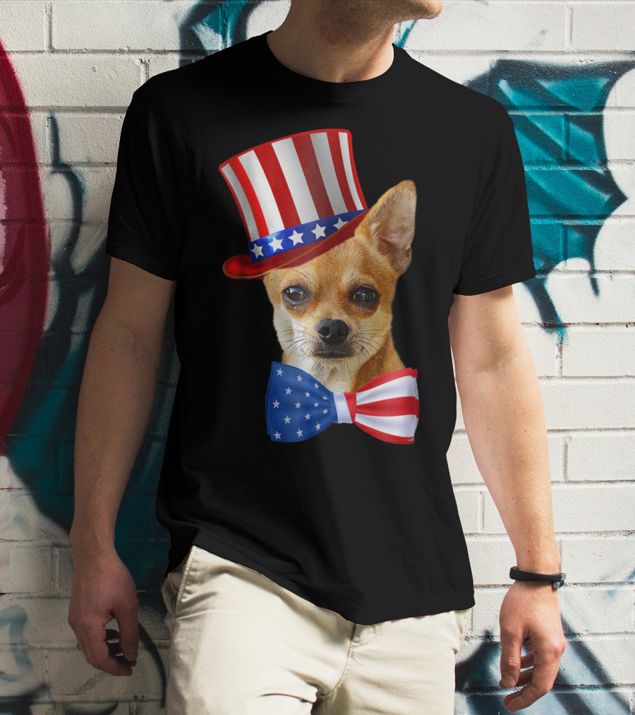 Chihuahua Uncle Sam Hat And Bowtie American Flag T-Shirt