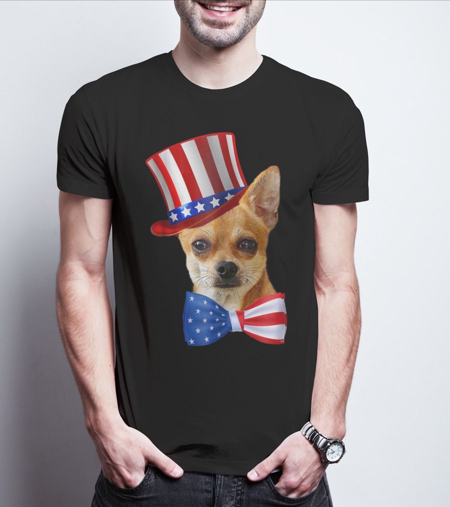 Chihuahua Uncle Sam Hat And Bowtie American Flag T-Shirt