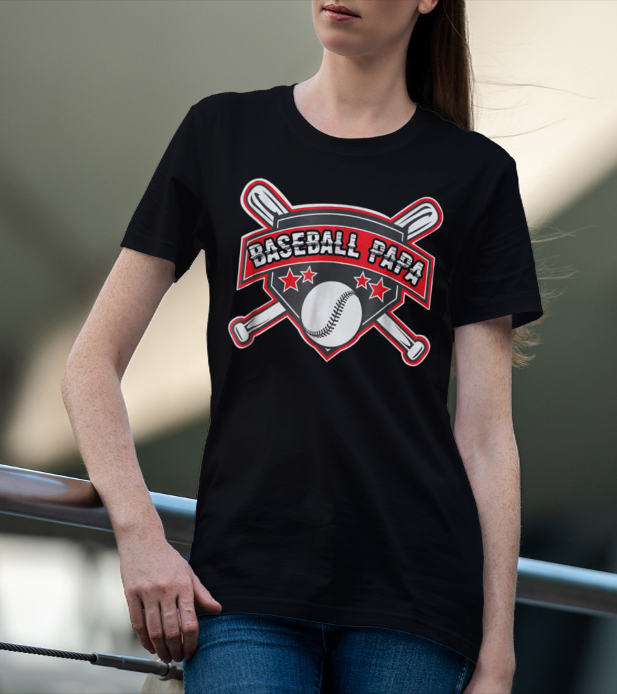 Baseball Papa Shield With Crossed Bats And Stars T-Shirt