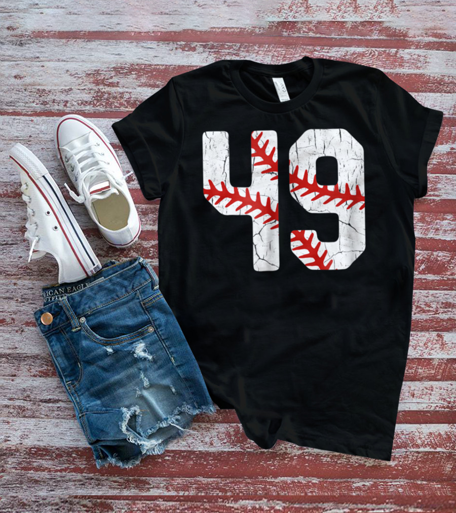 Baseball Player Jersey Number 49 Red Stitching T-Shirt