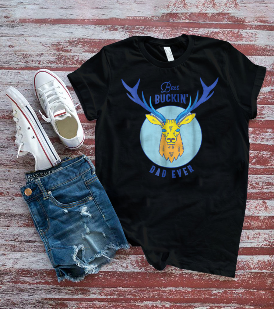 Best Buckin' Dad Ever Deer Hunting Stag Head Blue And Yellow Circle T-Shirt