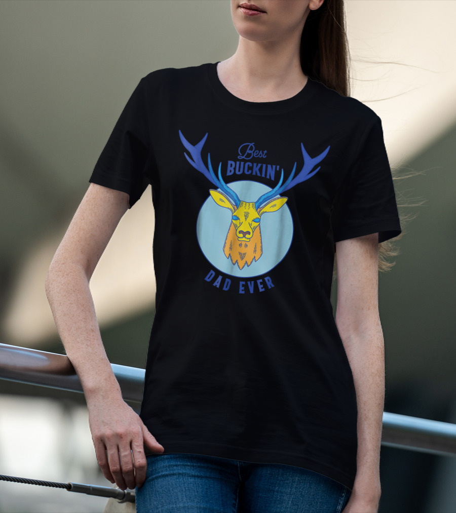 Best Buckin' Dad Ever Deer Hunting Stag Head Blue And Yellow Circle T-Shirt