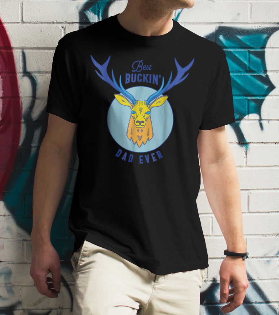 Best Buckin' Dad Ever Deer Hunting Stag Head Blue And Yellow Circle T-Shirt