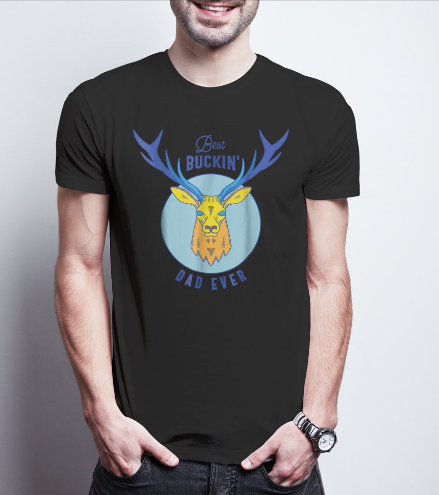 Best Buckin' Dad Ever Deer Hunting Stag Head Blue And Yellow Circle T-Shirt