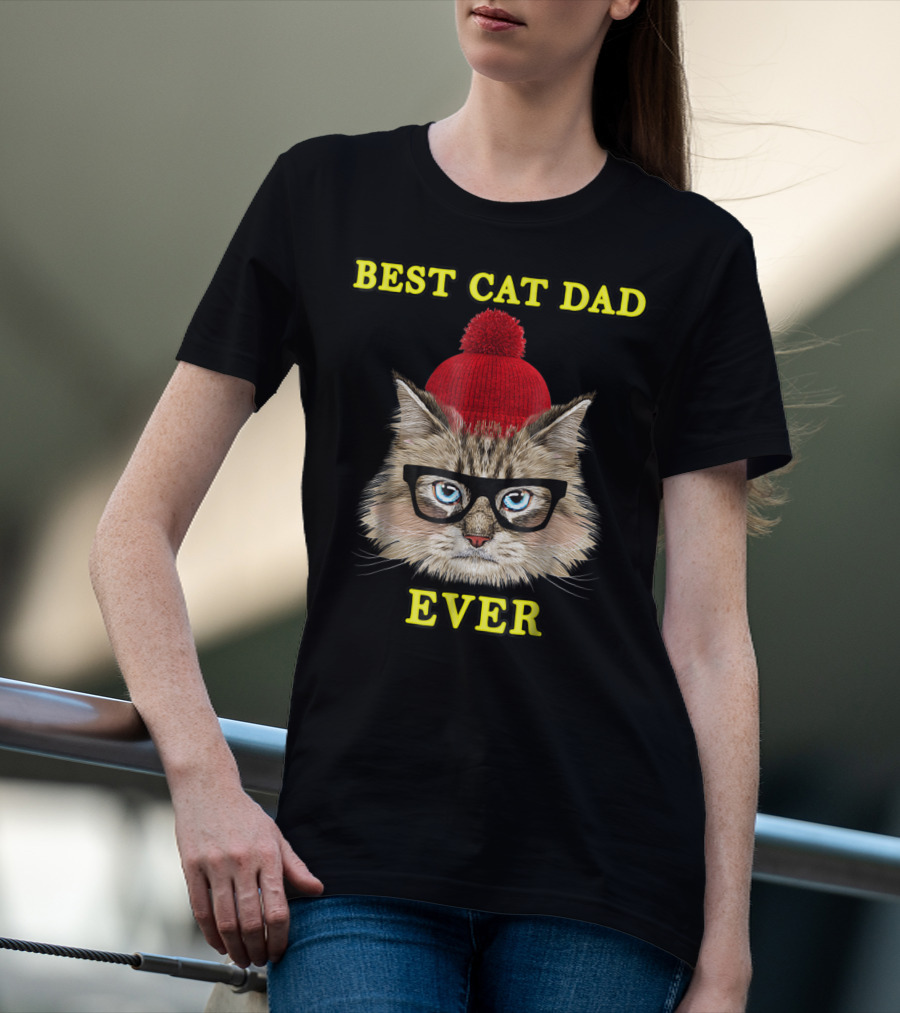 Best Cat Dad Ever Funny Pictoplast91 Red Beanie Glasses Cat T-Shirt
