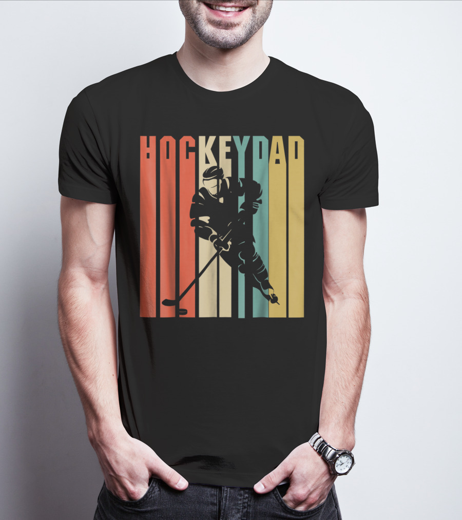 Classic Vintage Hockey Dad Player Silhouette Retro Stripes T-Shirt