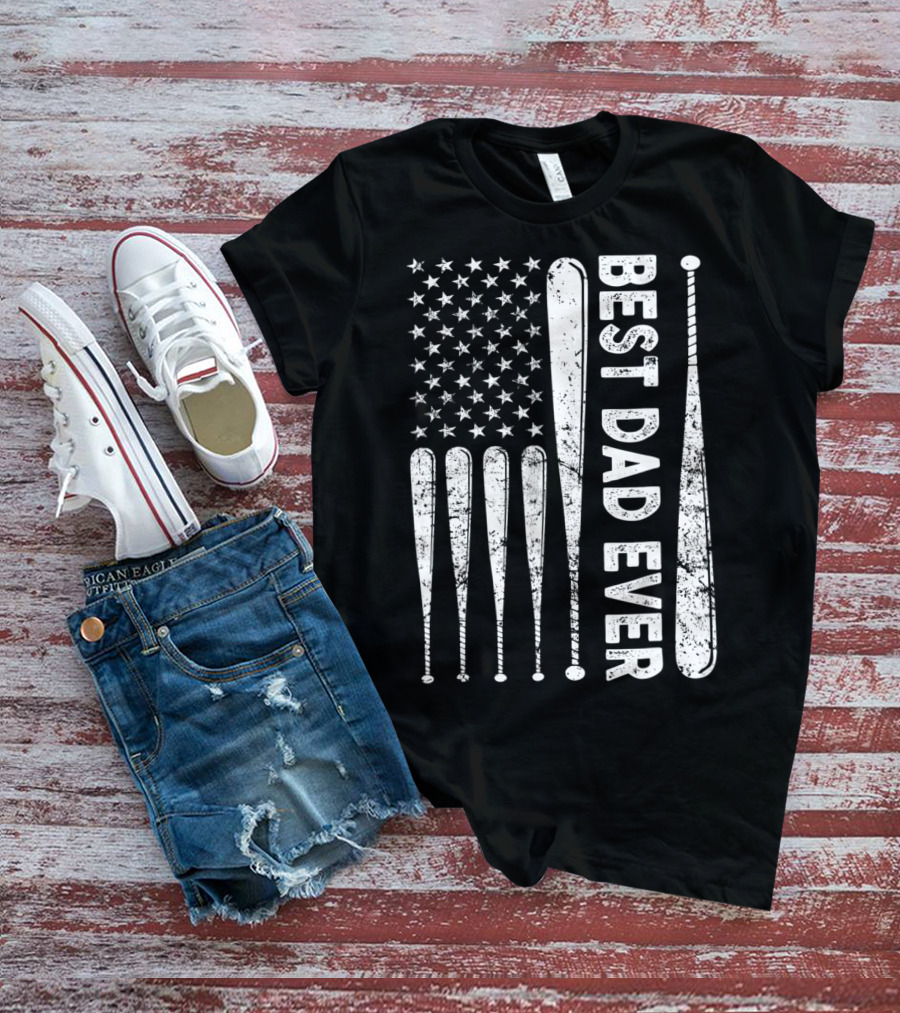 Best Dad Ever American Flag Baseball SoftballUSA T-Shirt