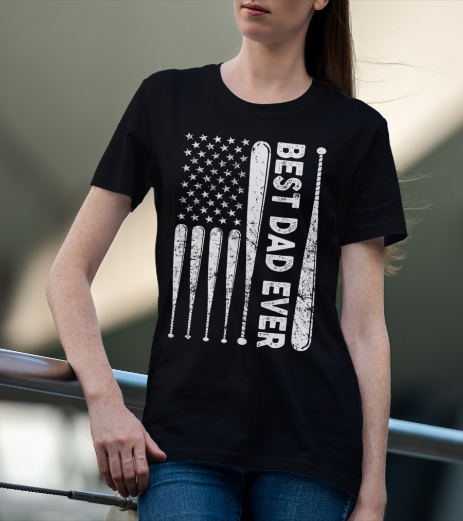 Best Dad Ever American Flag Baseball SoftballUSA T-Shirt