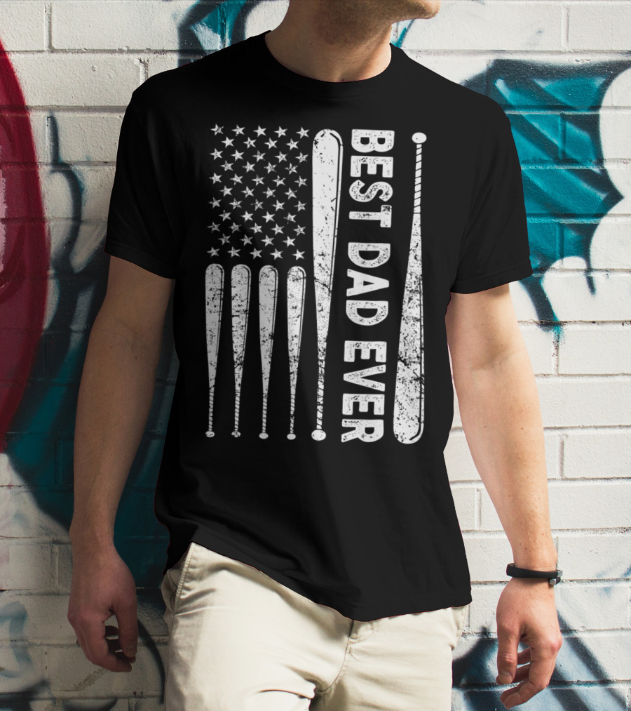 Best Dad Ever American Flag Baseball SoftballUSA T-Shirt