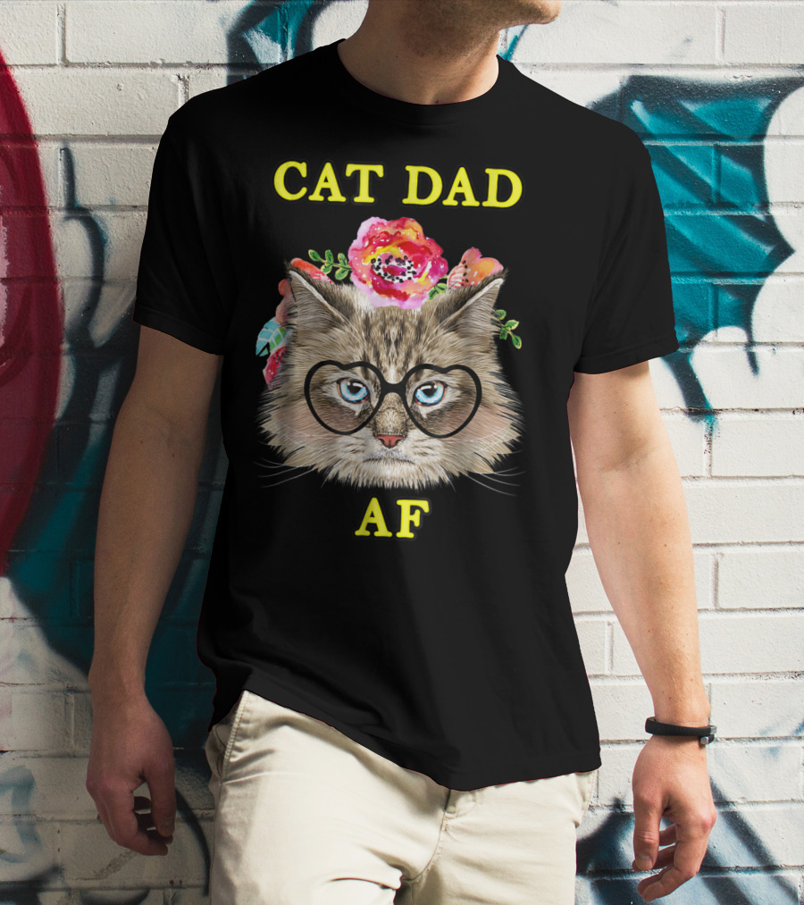 Funny Cat Dad AF With Floral Bouquet And Glasses T-Shirt