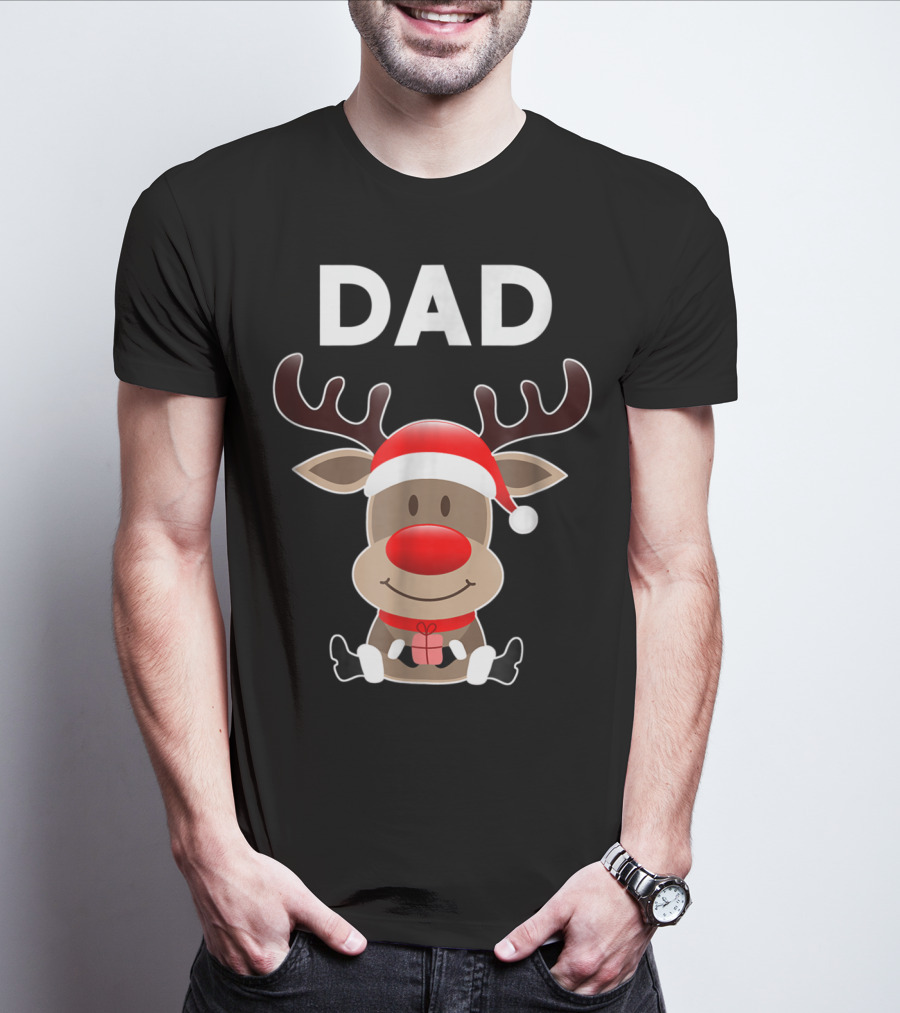 Dad Christmas Reindeer With Santa Hat And Gift T-Shirt