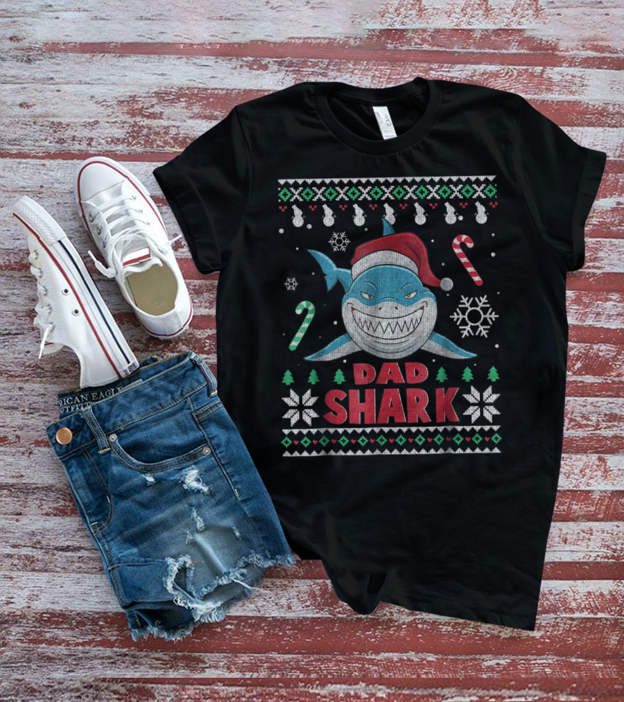 Dad Shark Ugly Christmas Sweater Santa Hat Candy Canes Snowflakes T-Shirt