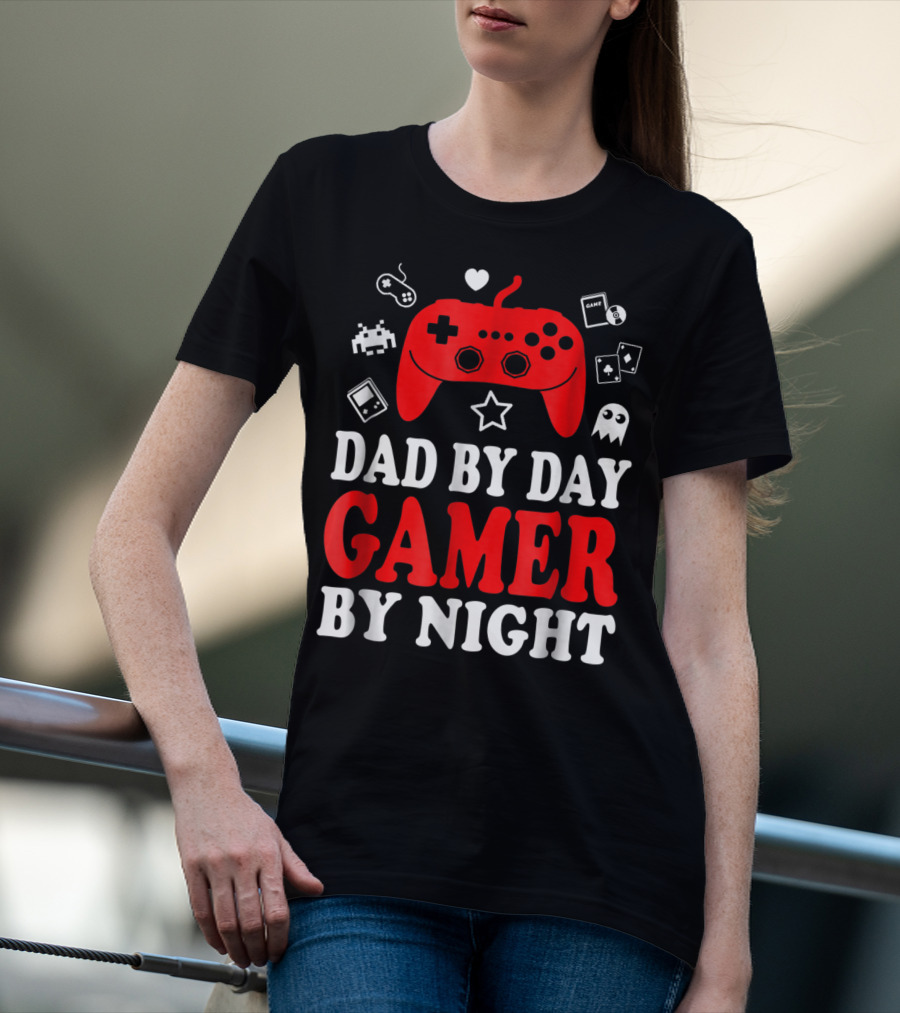 Dad By Day Gamer By Night Retro Controller And Icons T-Shirt