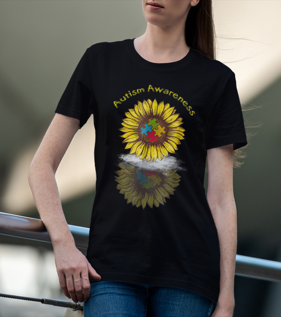 Autism Awareness Sunflower With Puzzle Piece Reflection In Water T-Shirt