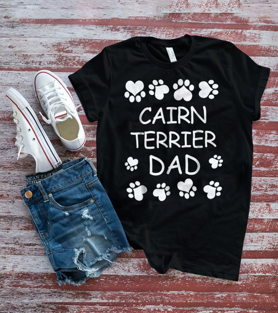 Cairn Terrier Dad Christmas Birthday Paw Print Hearts T-Shirt