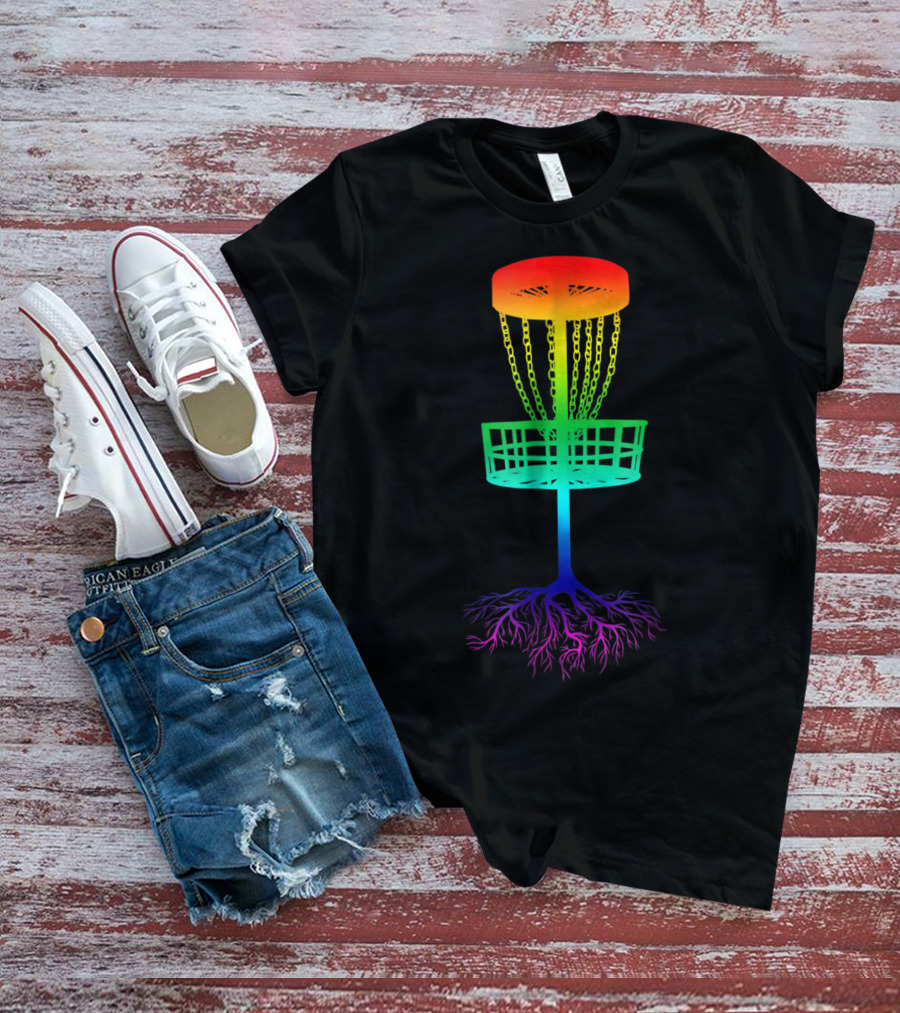 Rainbow Disc Golf Basket With Vibrant Roots T-Shirt