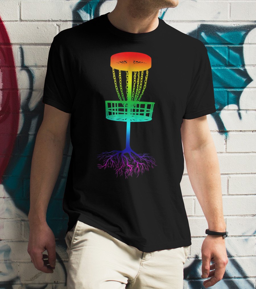 Rainbow Disc Golf Basket With Vibrant Roots T-Shirt