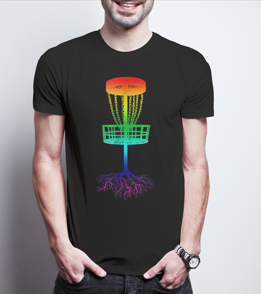 Rainbow Disc Golf Basket With Vibrant Roots T-Shirt