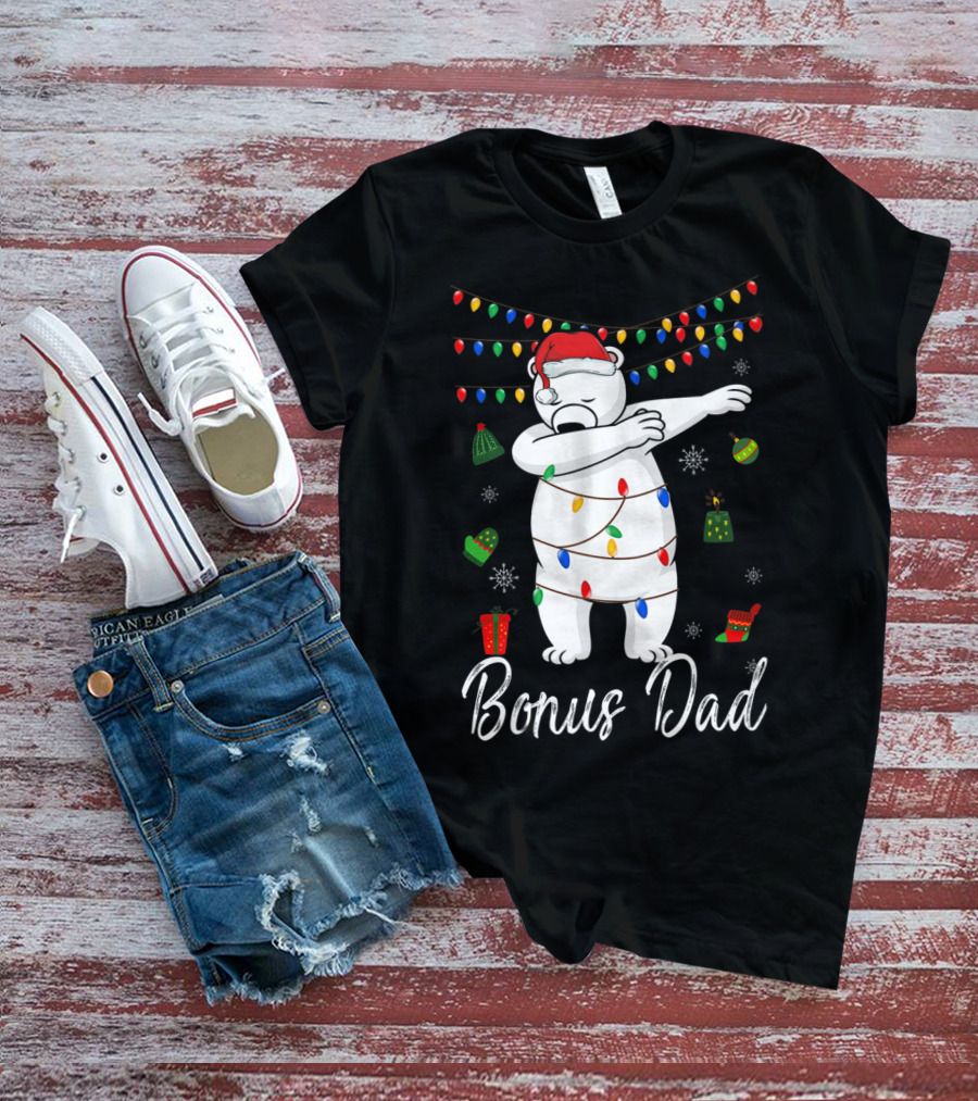 Bonus Dad Bear Christmas Lights Santa Hat Dabbing T-Shirt