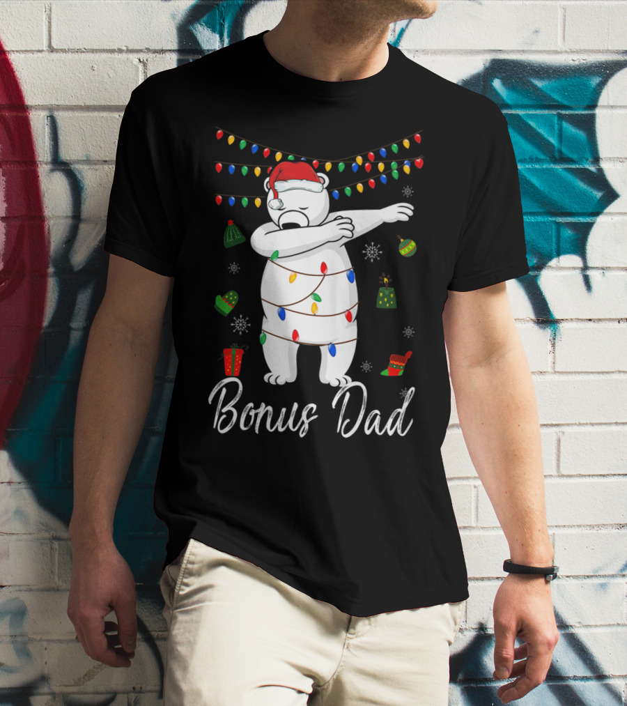 Bonus Dad Bear Christmas Lights Santa Hat Dabbing T-Shirt