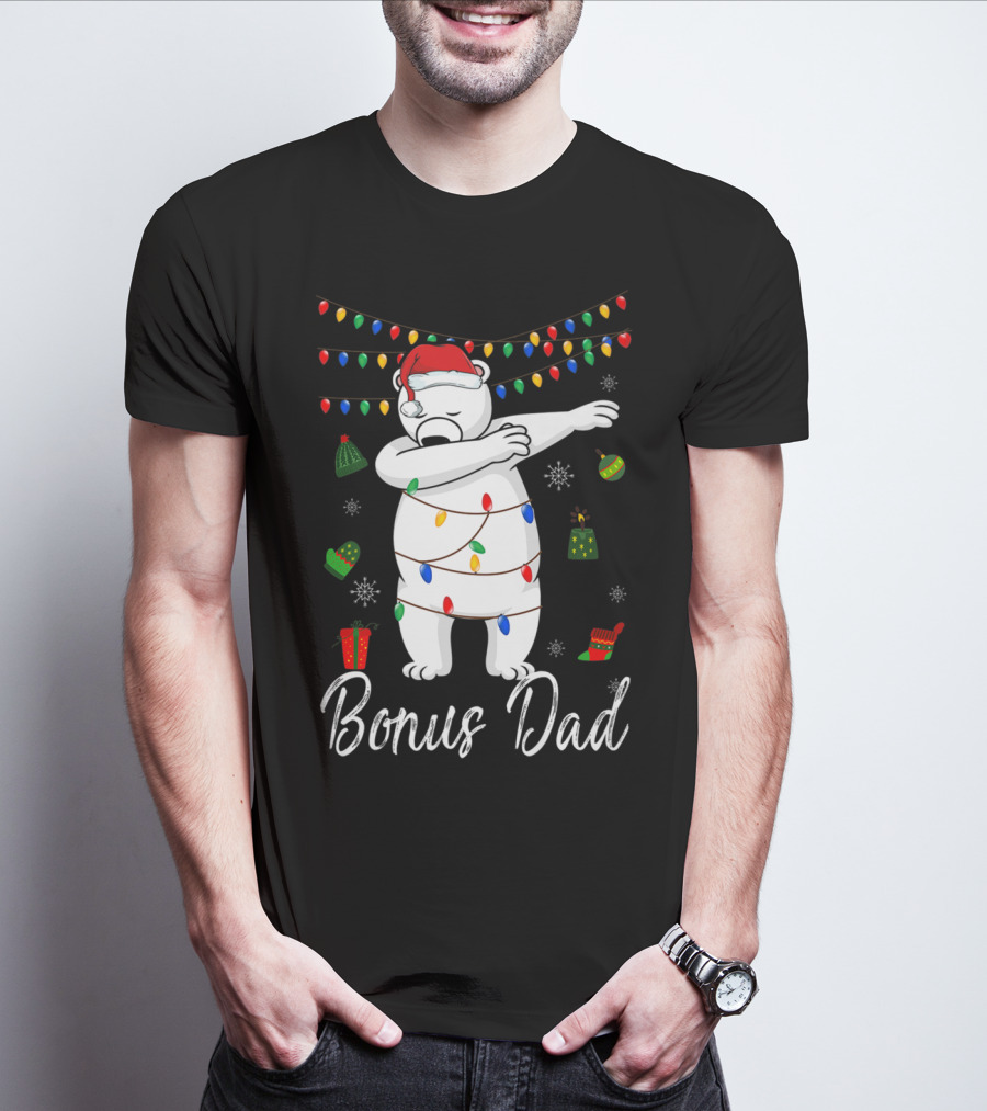 Bonus Dad Bear Christmas Lights Santa Hat Dabbing T-Shirt