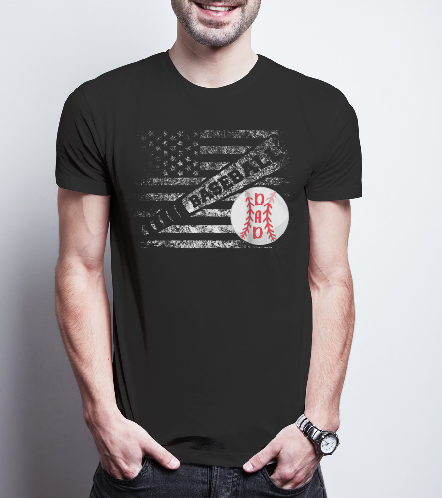 Baseball Dad American Flag With Bat And Ball T-Shirt