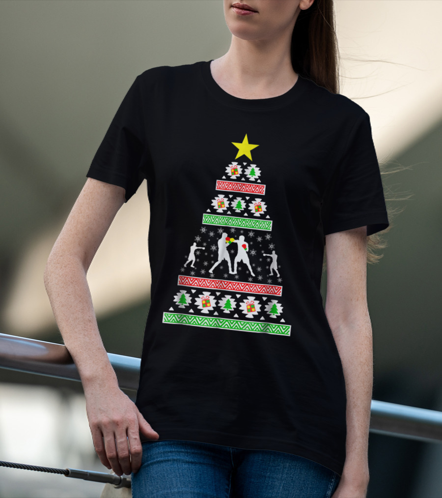 Boxing Ugly Christmas Tree With Boxer Silhouettes For Son Or Dad T-Shirt