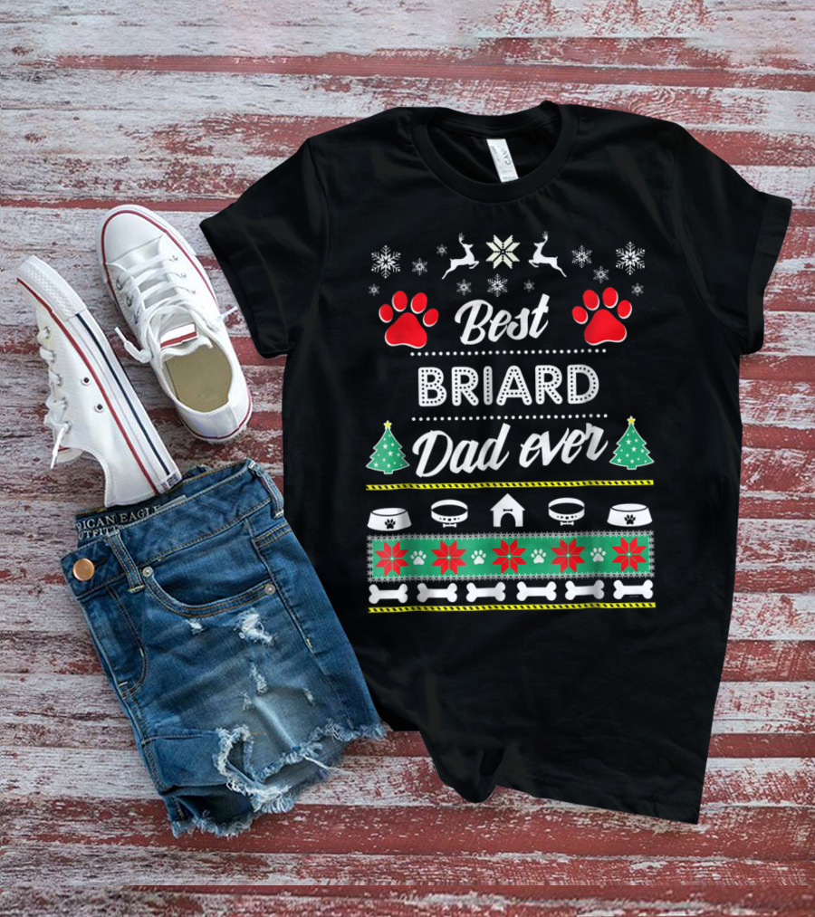 Best Briard Dad Ever Christmas Holiday Paw Prints T-Shirt