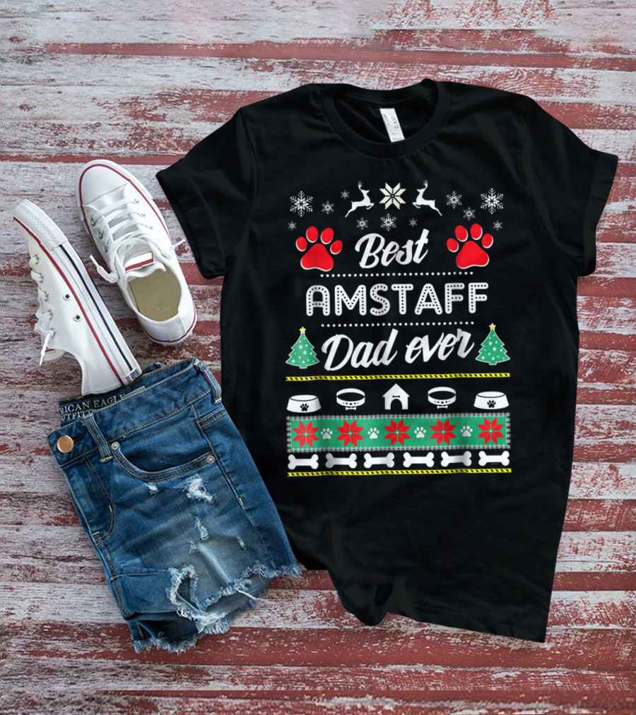 Best Amstaff Dad Ever Christmas Paw Print Snowflakes T-Shirt