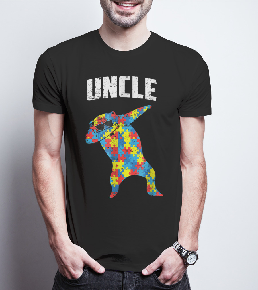 UNCLE Bear Dabbing Puzzle Glasses Autism Mom Dad T-Shirt