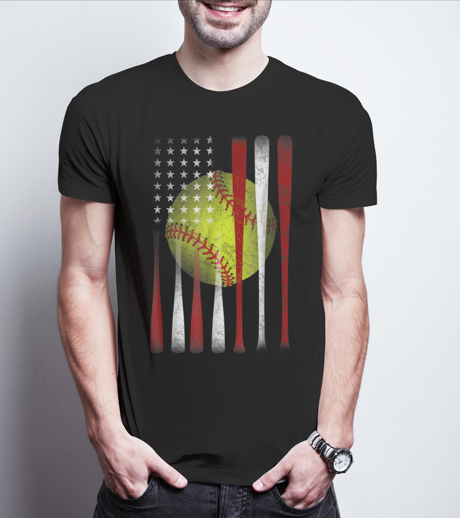 American Flag Softball Vintage Distressed US Flag Bat T-Shirt