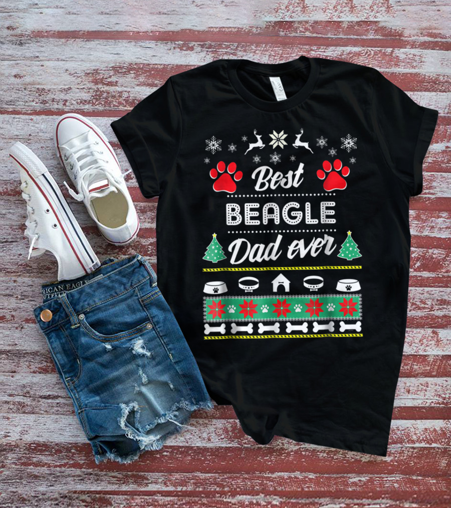 Best Beagle Dad Ever Christmas Paw Prints Dog House Reindeer Snowflakes Bones T-Shirt