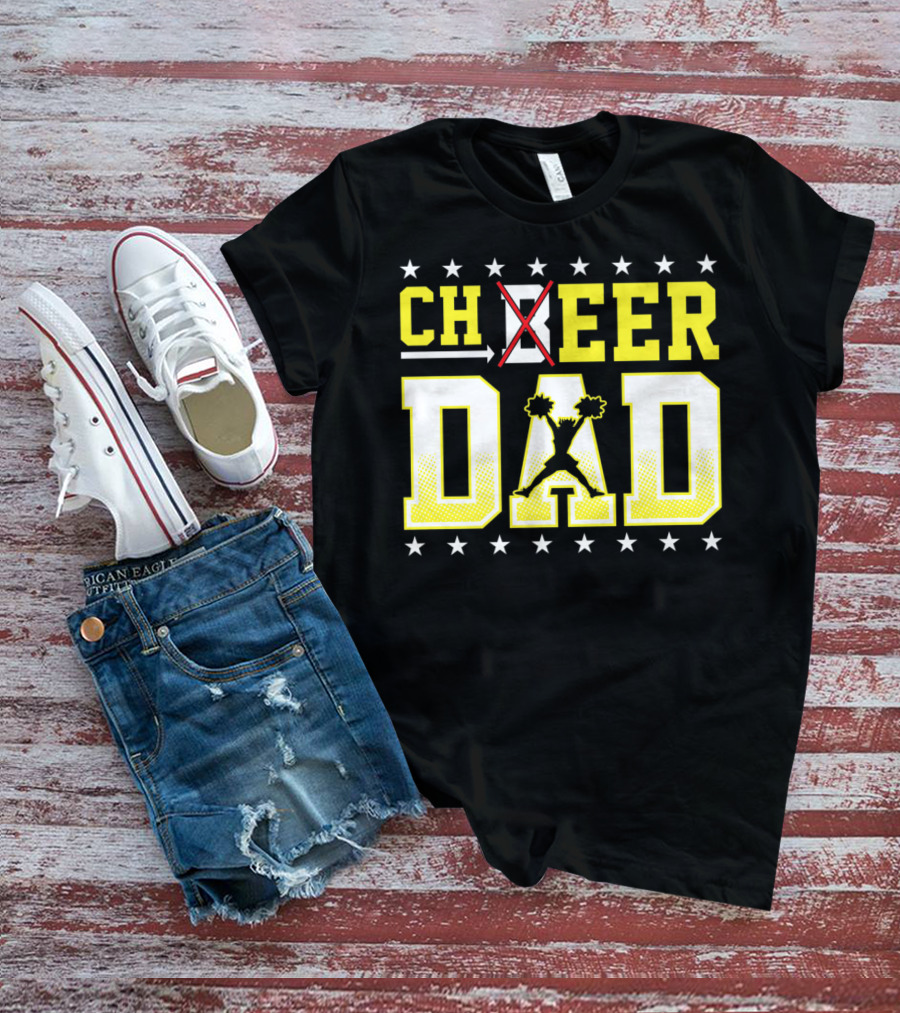 Cheer Dad Beer Dad Bold Text Stars Pom-Pom T-Shirt