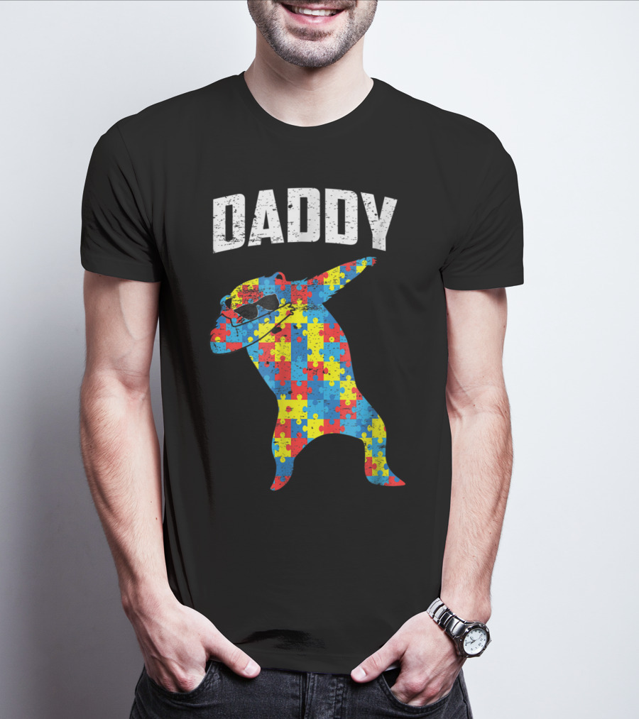 Daddy Bear Autism Puzzle Pattern Dabbing Glasses T-Shirt