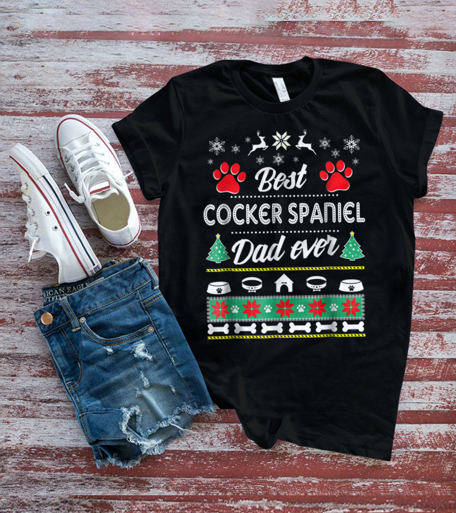 Best Cocker Spaniel Dad Ever Christmas Paw Print Snowflake T-Shirt