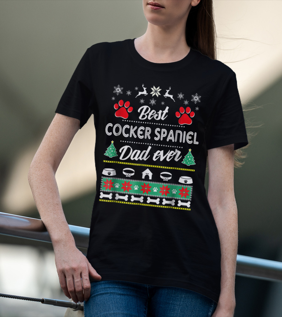 Best Cocker Spaniel Dad Ever Christmas Paw Print Snowflake T-Shirt
