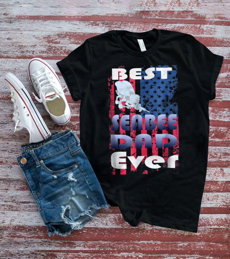 Best Seabee Dad Ever American Flag Bee Mascot T-Shirt