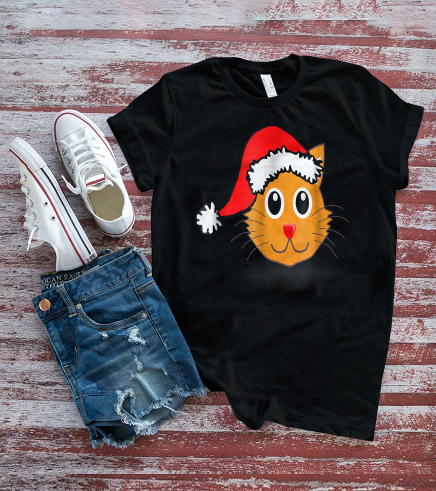 Cat Lover Grandma Kid Grandpa39 Santa Hat Cat Face T-Shirt