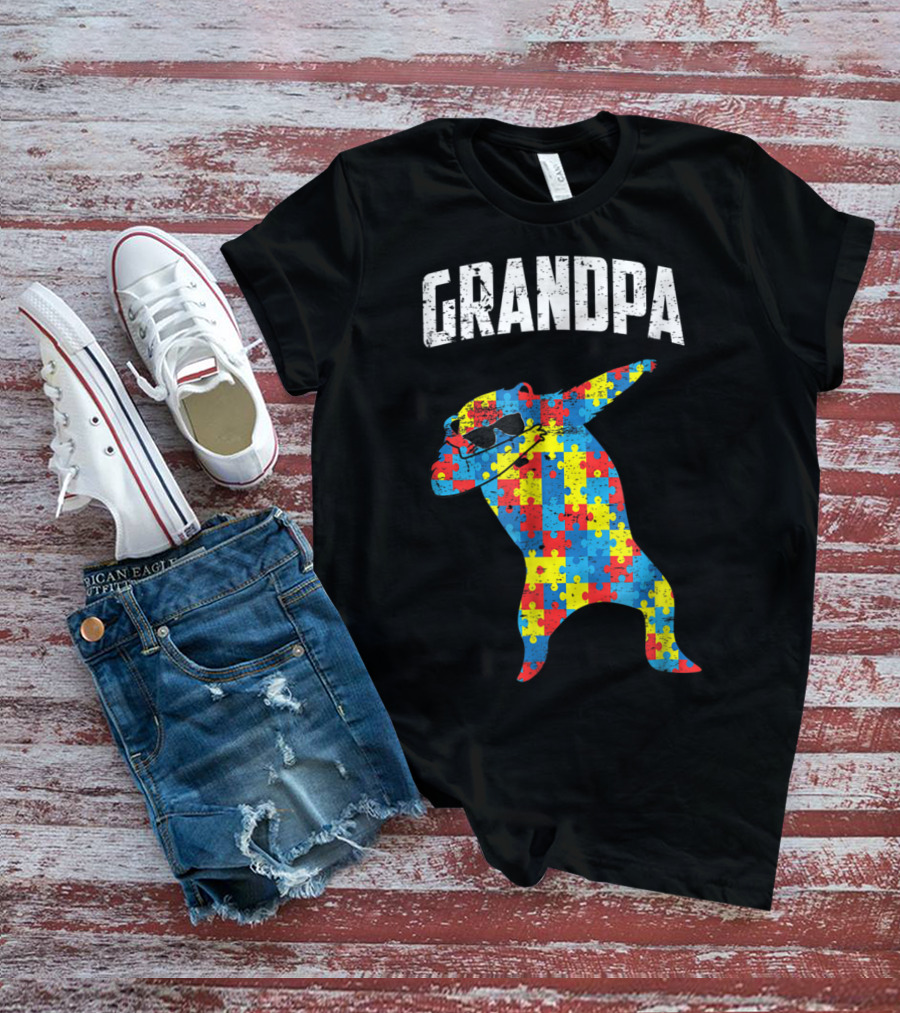 Grandpa Autism Bear Dabbing Puzzle Glasses T-Shirt