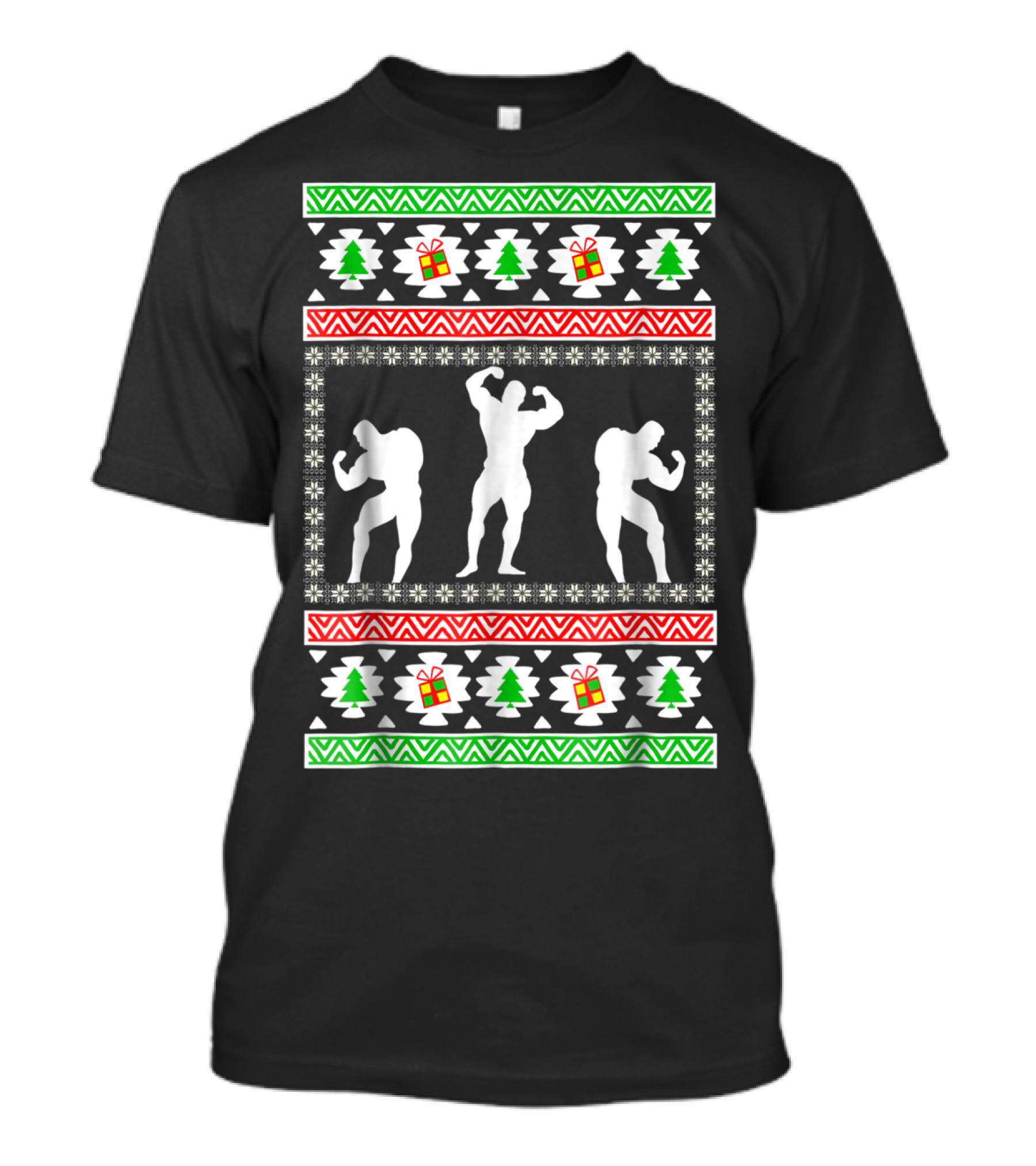 Bodybuilding Christmas Silhouette Trees And Gifts T-Shirt