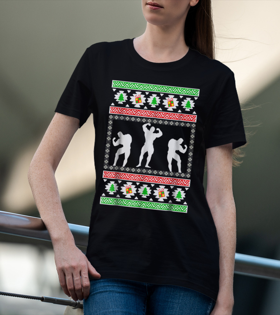 Bodybuilding Christmas Silhouette Trees And Gifts T-Shirt