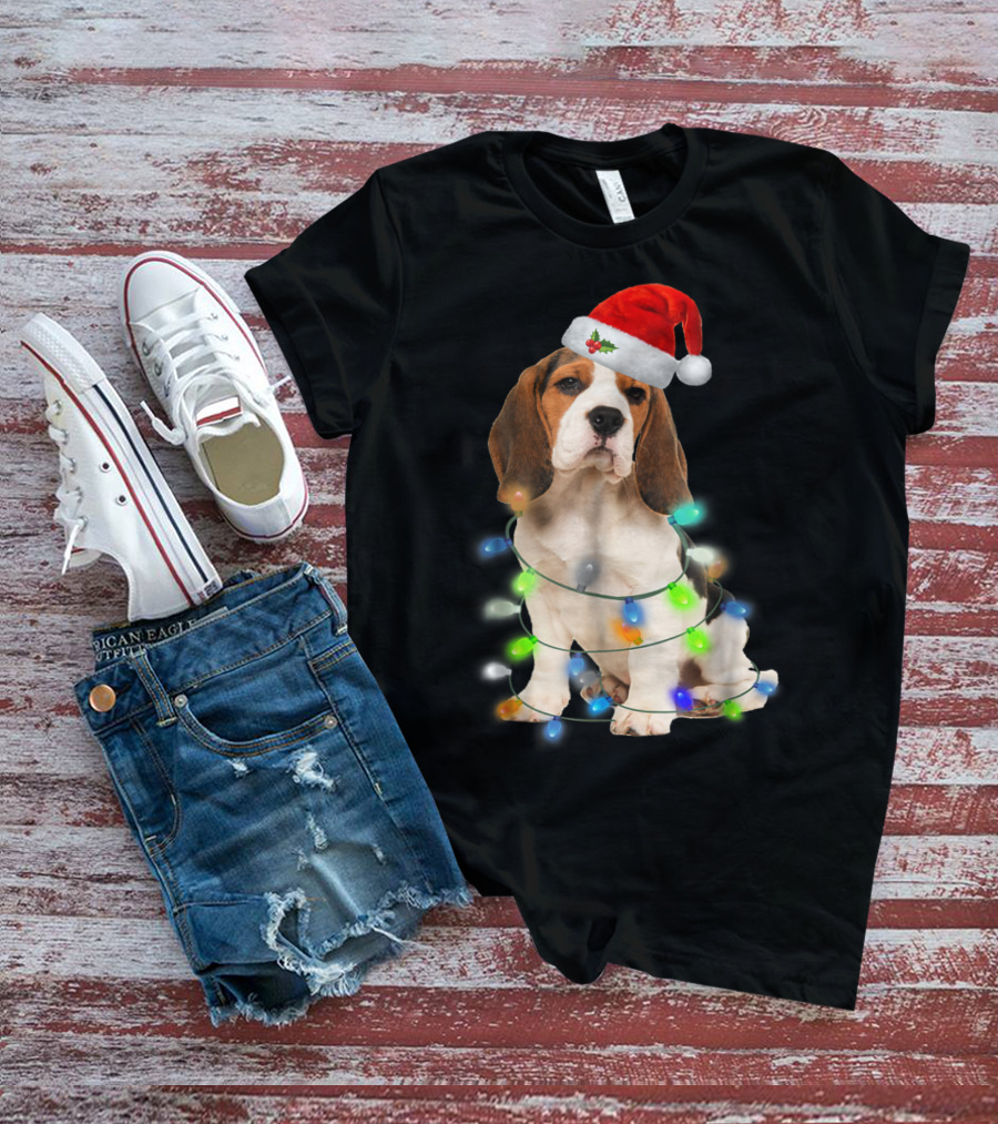 Beagle Wrapped In Christmas Lights With Santa Hat For Mom Women Girl T-Shirt