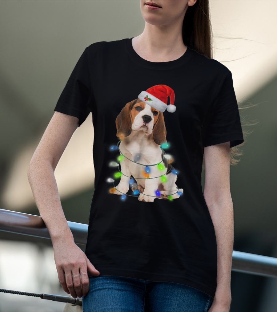 Beagle Wrapped In Christmas Lights With Santa Hat For Mom Women Girl T-Shirt