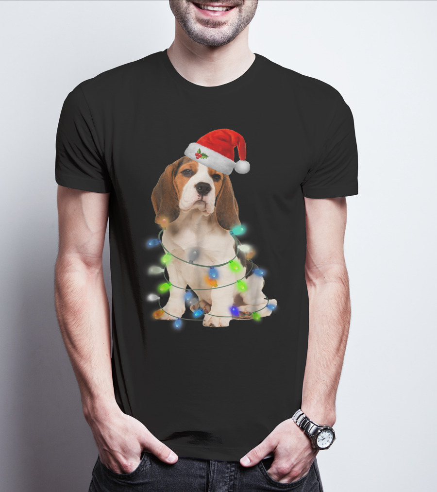 Beagle Wrapped In Christmas Lights With Santa Hat For Mom Women Girl T-Shirt