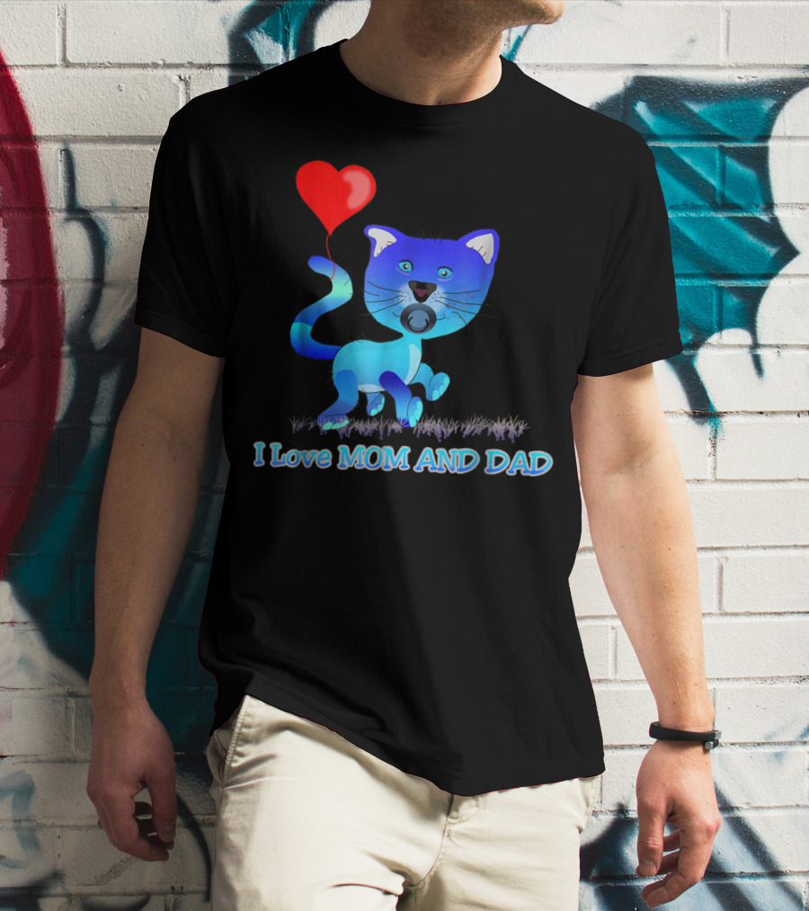I Love Mom And Dad Cat With Heart Balloon Dummy Boy Kids Teens T-Shirt