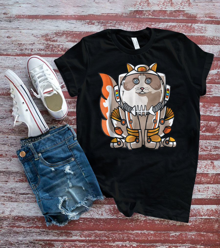 Christmas Space Ragdoll Suit Cat Astronaut With Fish Bone Helmet T-Shirt